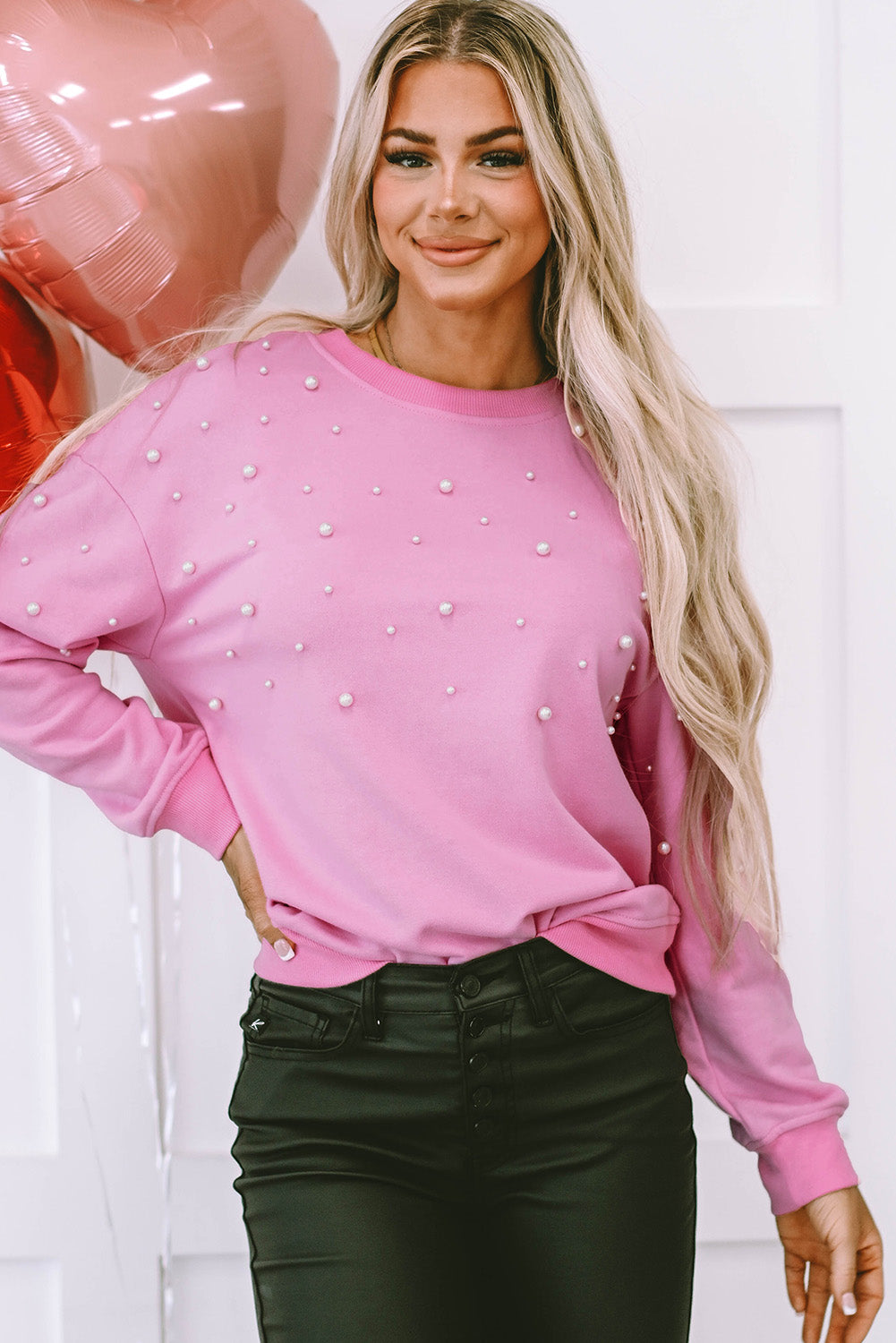 Pink Bonbon Pearl Detail Ribbed Crew Neck Sweatshirt