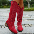 Suede Pointed Toe Block Heel Cowboy Boots Red Trendsi Point Toe Block Heels Boots
