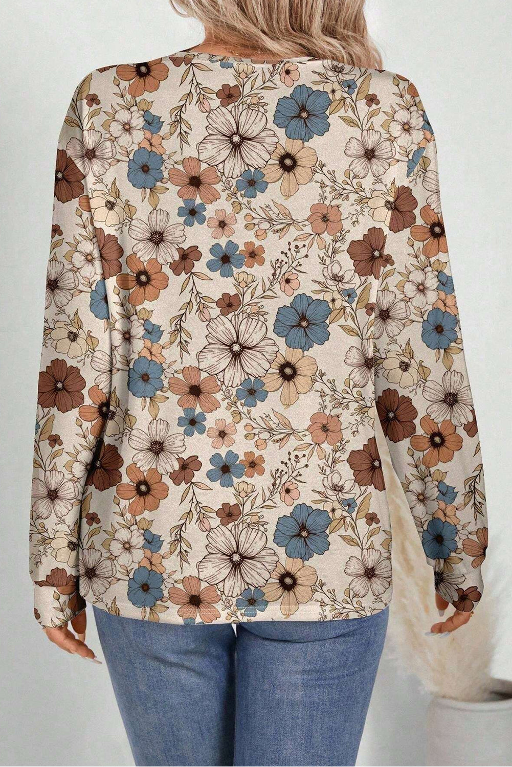 Khaki Floral Print Long Sleeve T Shirt
