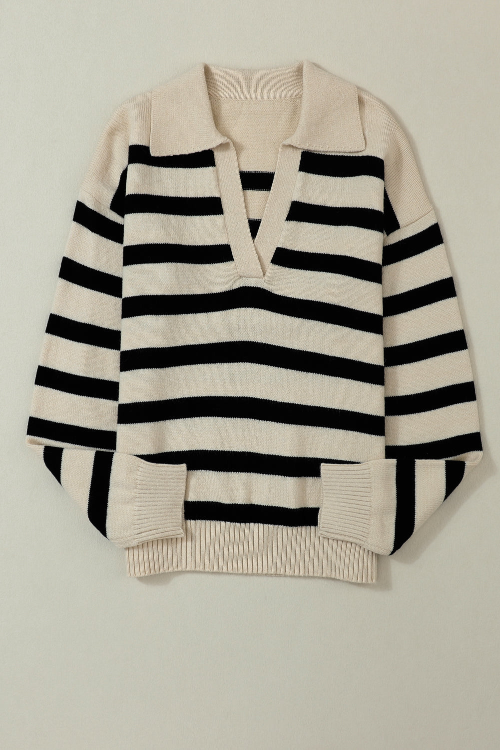 Black Striped Knit Drop Shoulder Collared V Neck Sweater