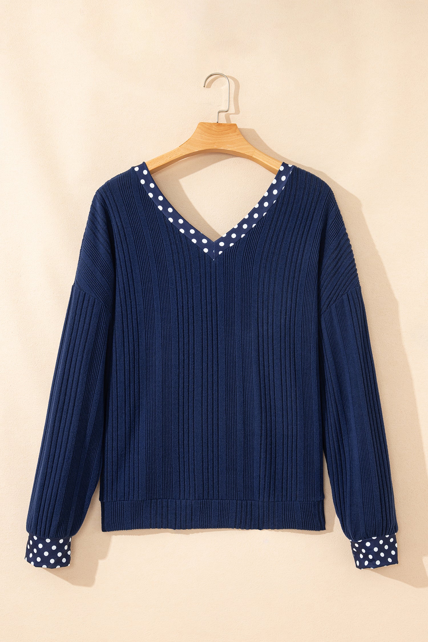 Dirty blue Polka Dot Trimmed V Neck Bow Tie Textured Ribbed Top Dear-Lover Dropshipping Tops/Long Sleeve Tops