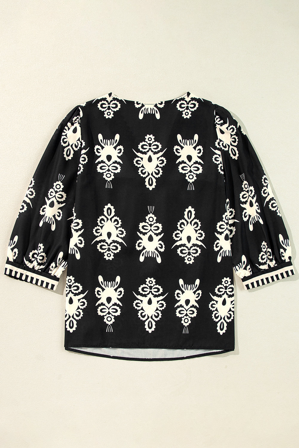 Black Vintage Geo 3/4 Sleeve V Neck Blouse