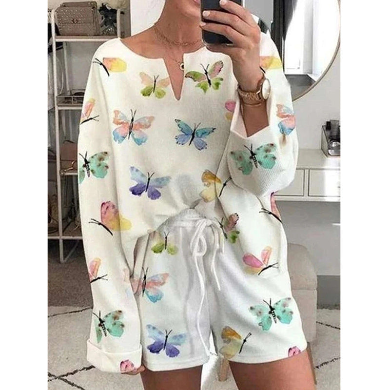 Women’s Butterfly Print Pajama Set – Casual Long Sleeve Loungewear Shorts Outfit White CJ Dropshipping Shorts Set