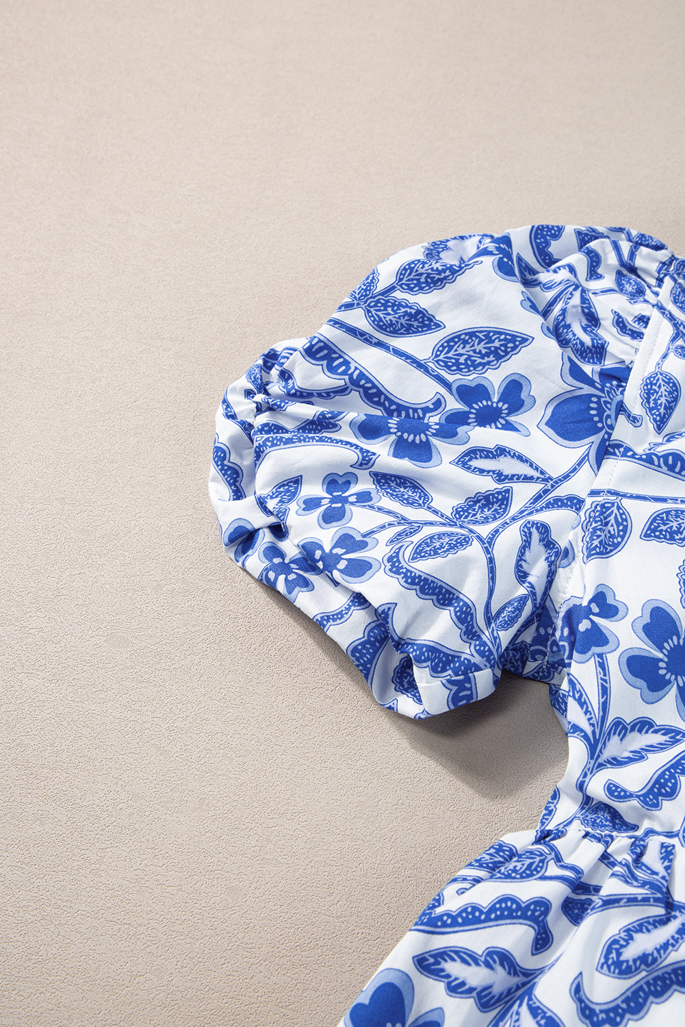 Blue Flower Print Puff Sleeve Tiered Ruffle Mini Dress