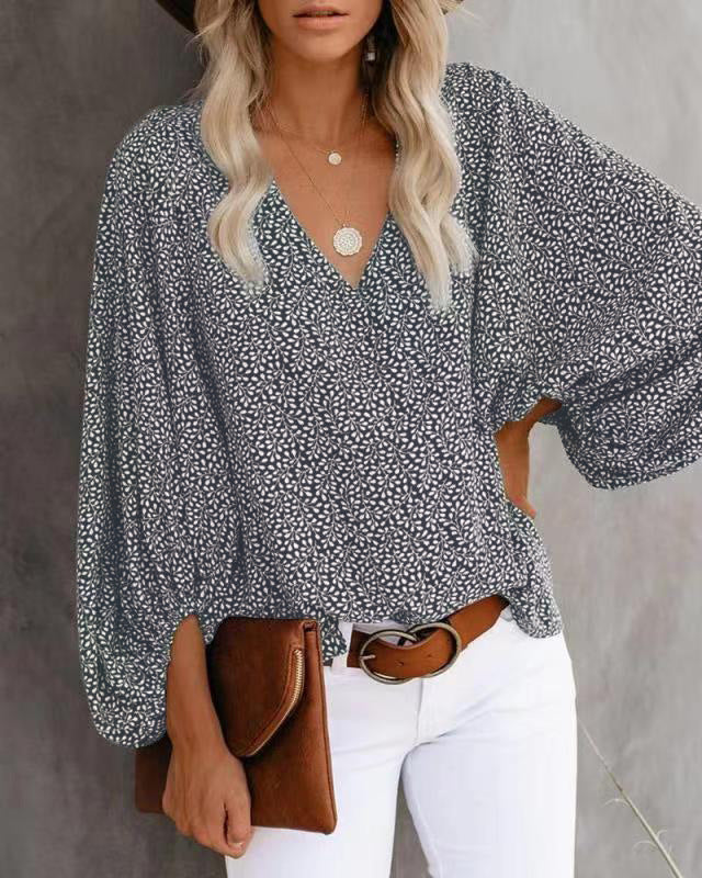 V-Neck Balloon Sleeve Floral Tops