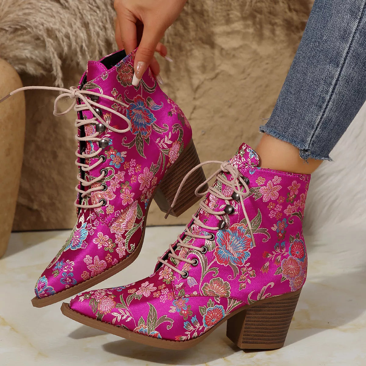 Floral Pointed Toe Block Heel Booties Bazaare Mart Booties