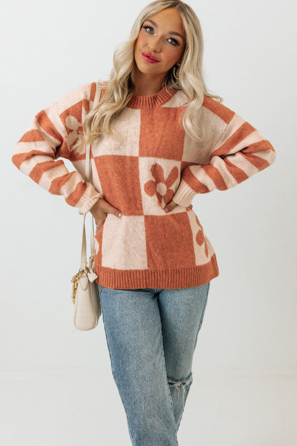 Checkered Floral Print Striped Sleeve Sweater