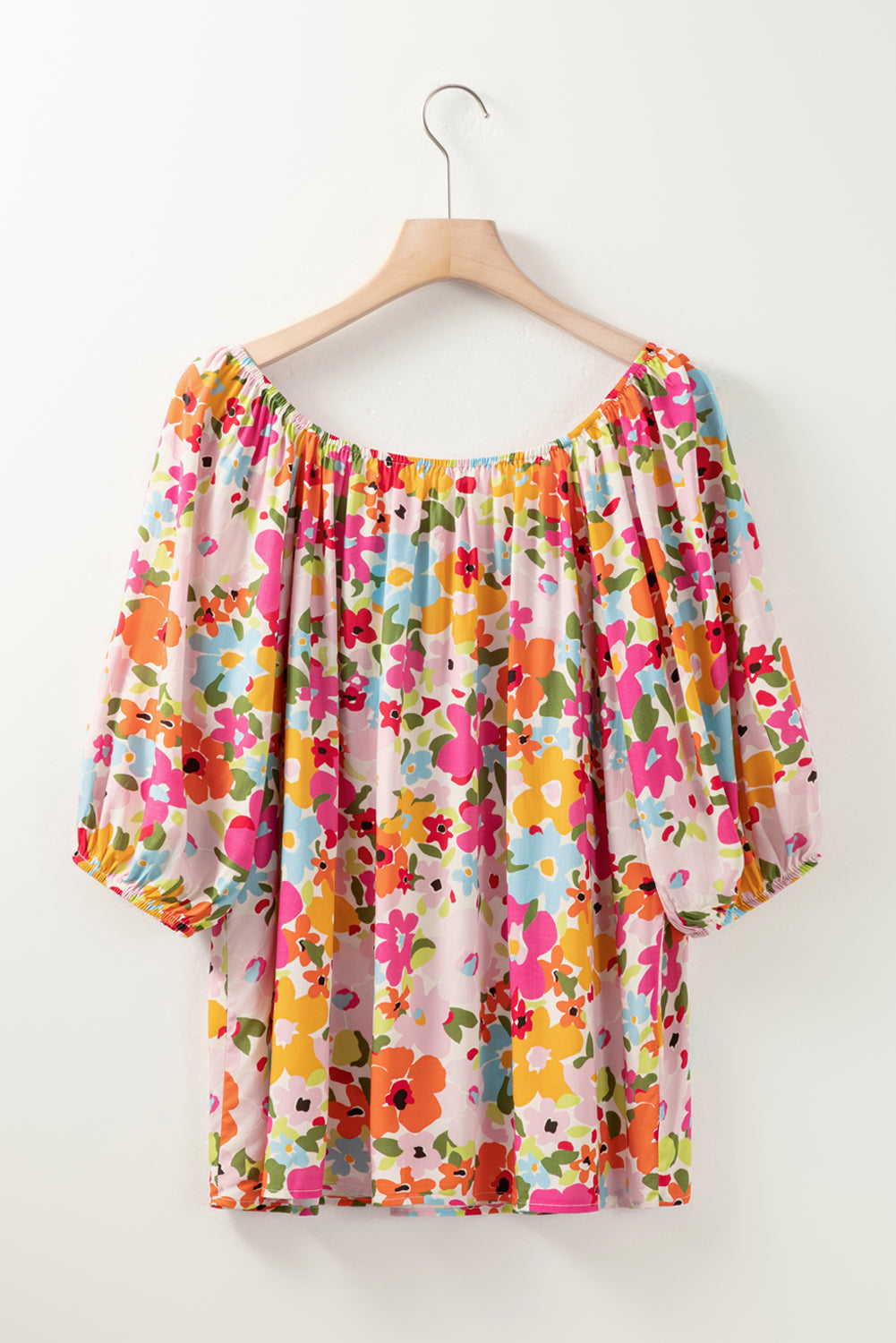 Bright Floral Puff Half Sleeve Pleated Elastic Neck Blouse