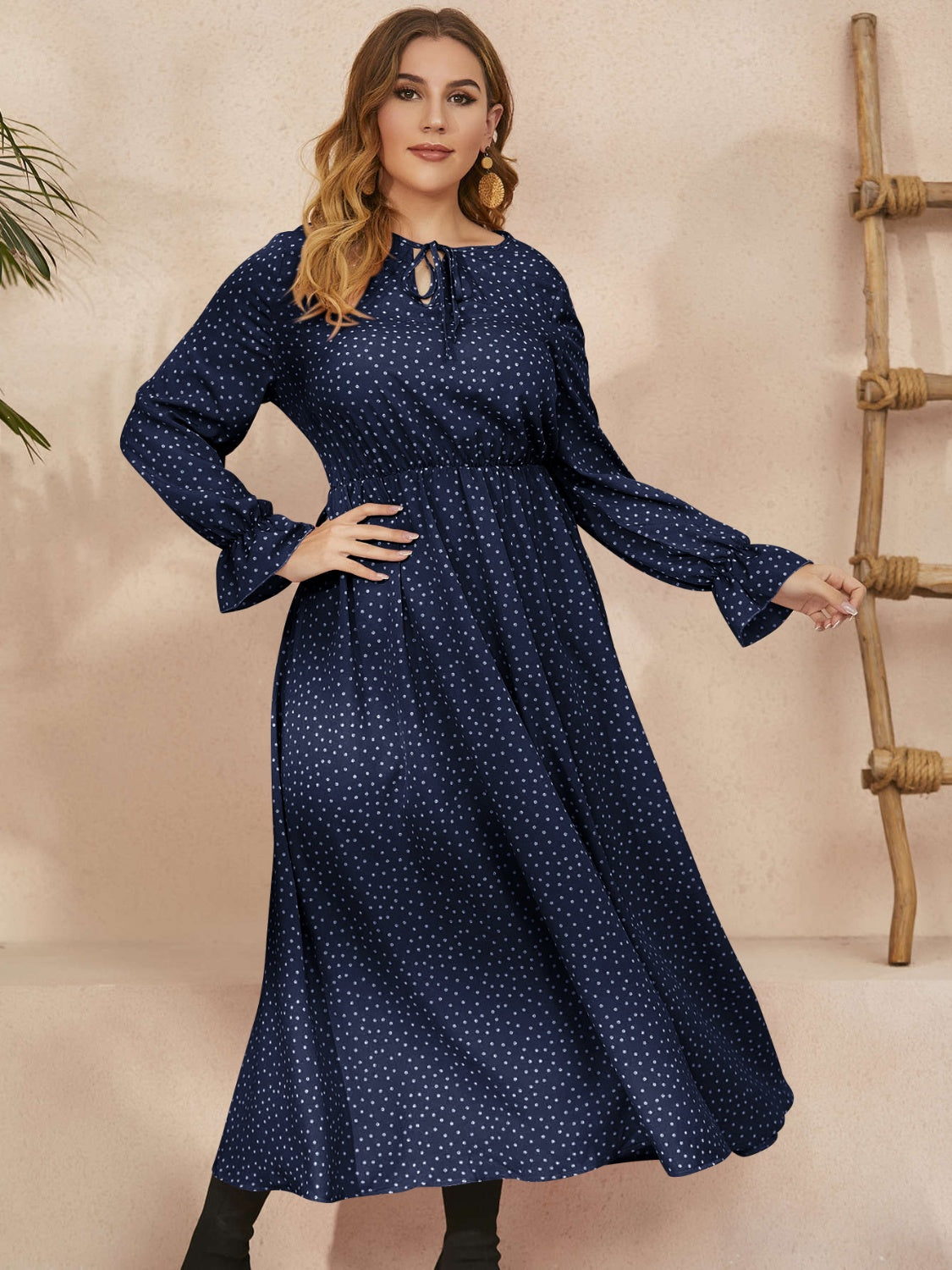 Fall Ruffled Polka Dot Long Sleeve Midi Dress