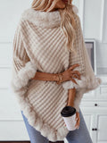 Fuzzy Trim Texture Three-Quarter Sleeve Poncho Beige One Size Trendsi Fuzzy Trim Texture Three-Quarter Sleeve Poncho