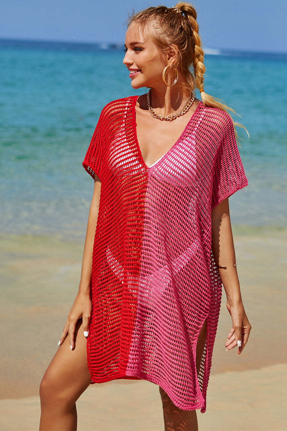 Pink Red  Two Tone  Openwork Contrast Slit Knit Cover Up