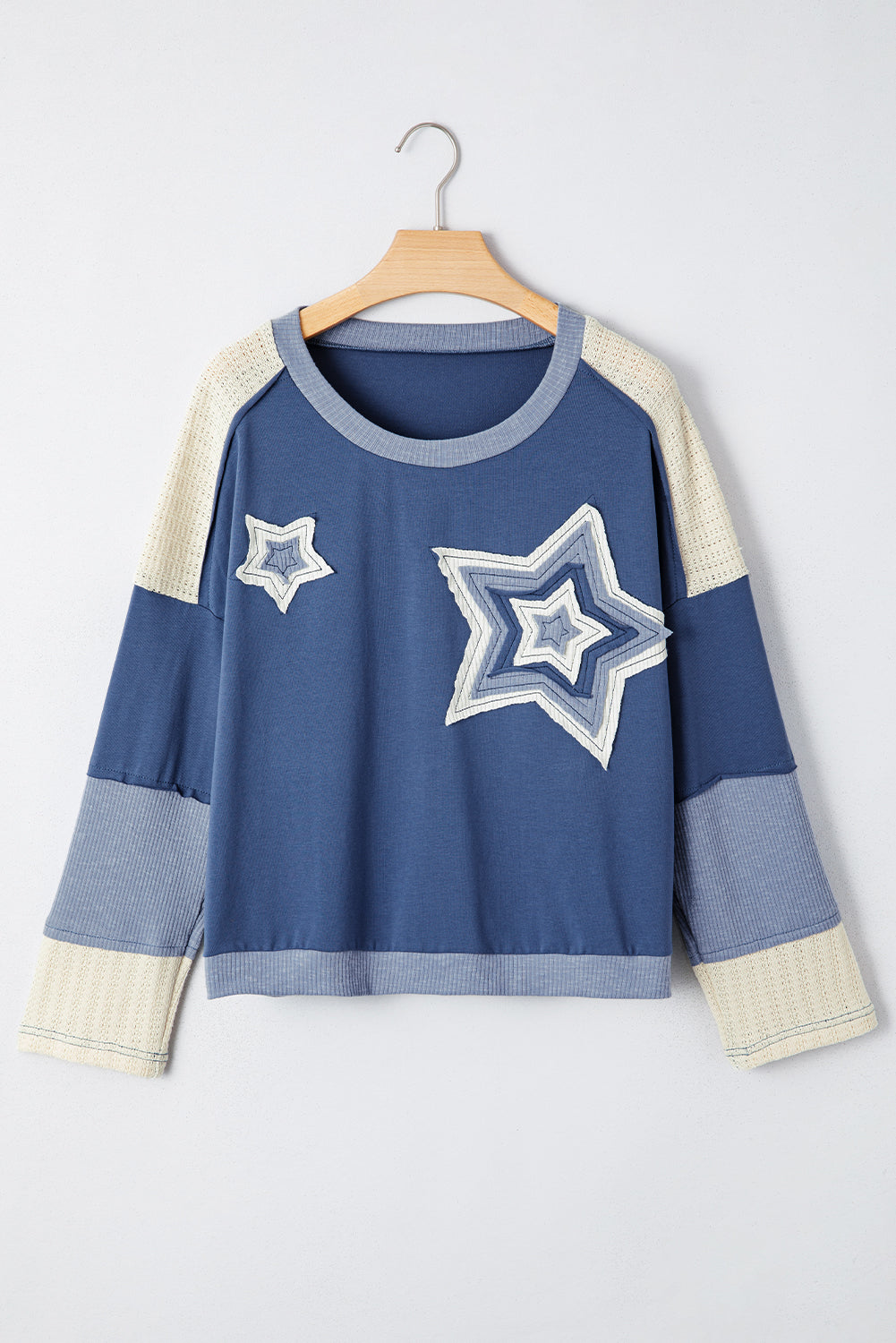 Blue Knit Colorblock Patchwork Stars and Stripes Long Sleeve Top