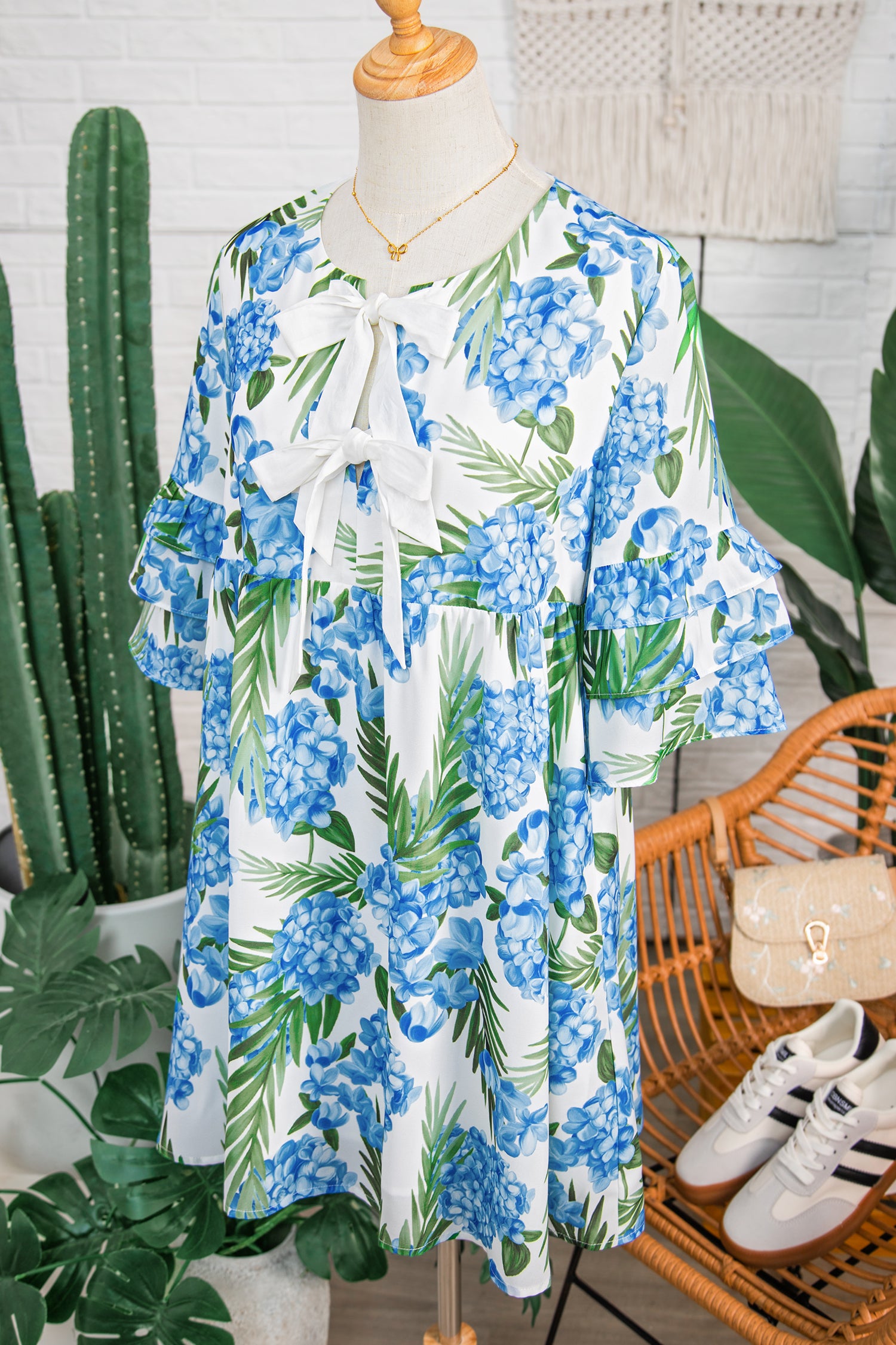 Sky Blue Floral Mini Dress – Ruffle Sleeve Tie Neck Summer Dress Dear-Lover Dropshipping Dresses/Floral Dresses