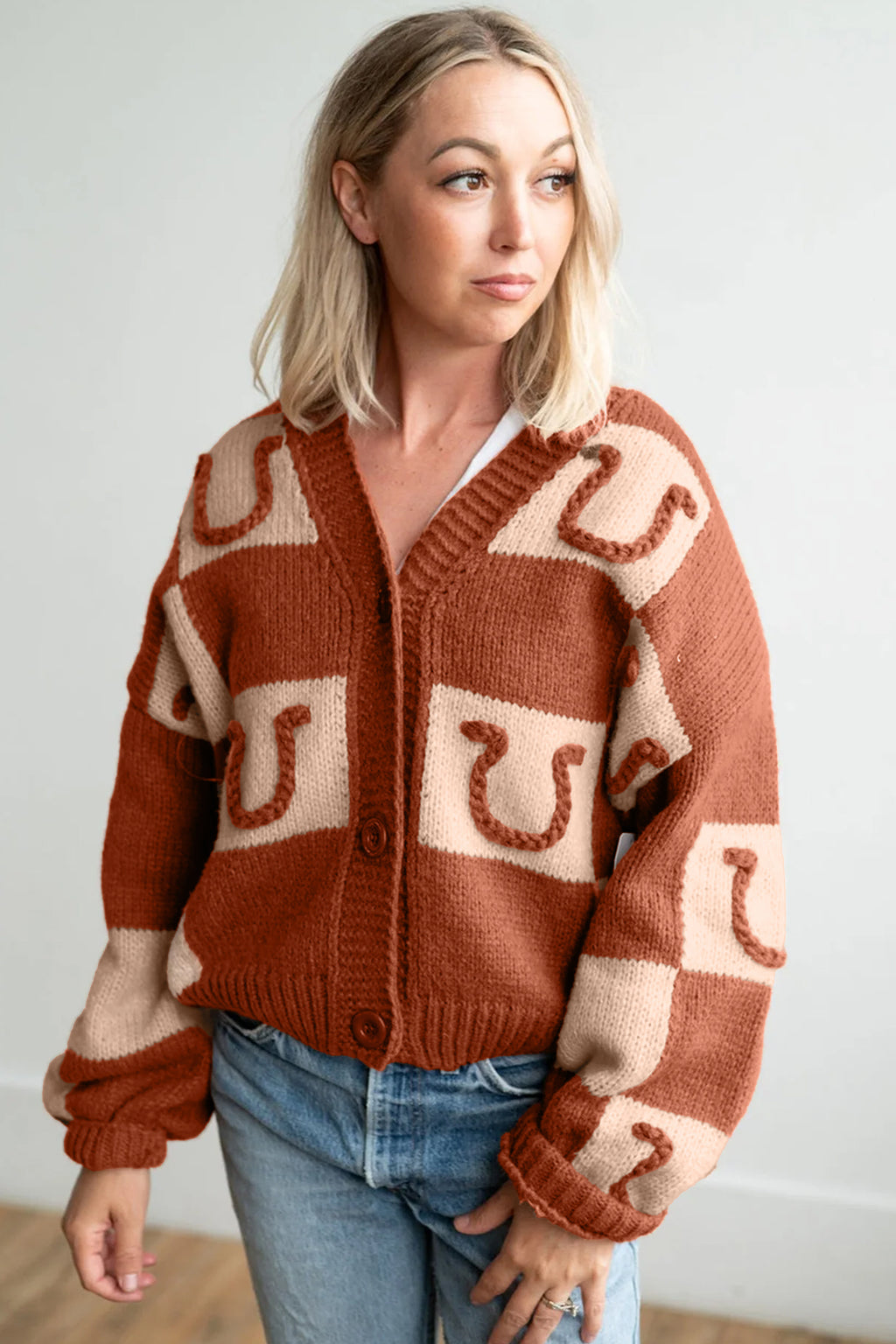 Rust &Cream Western Horseshoe Button-Front Cardigan