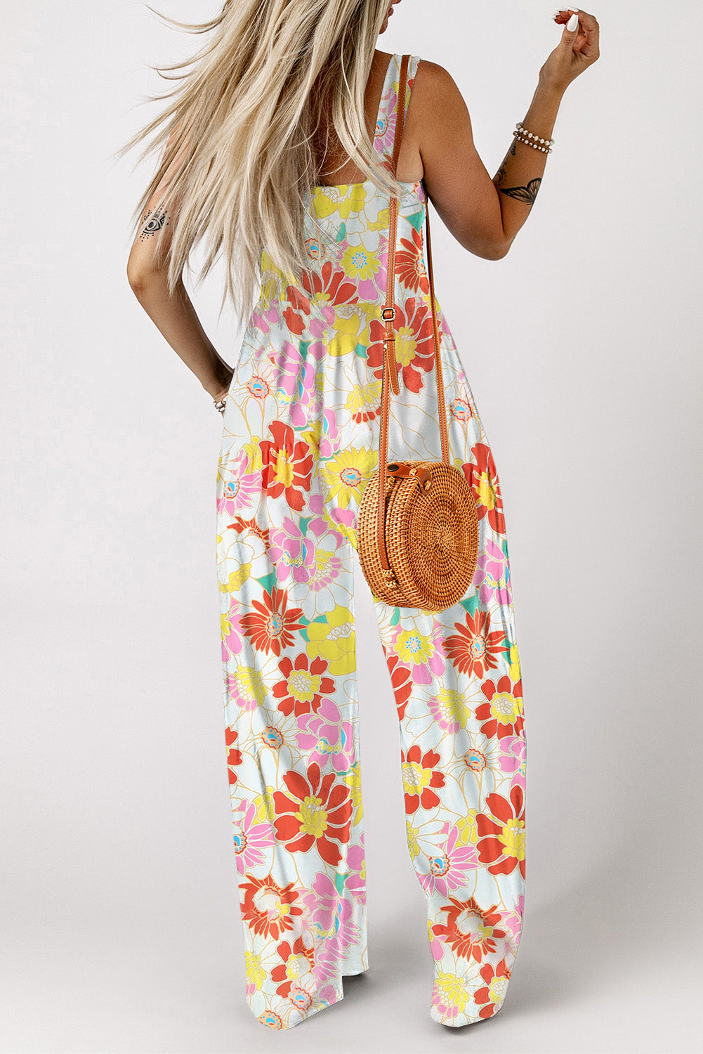 Multicolor Plus Size Floral Button Keyhole Back Ruffle Romper