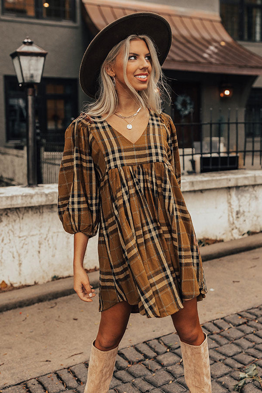 Brown Plaid Plus Size A Line Dress