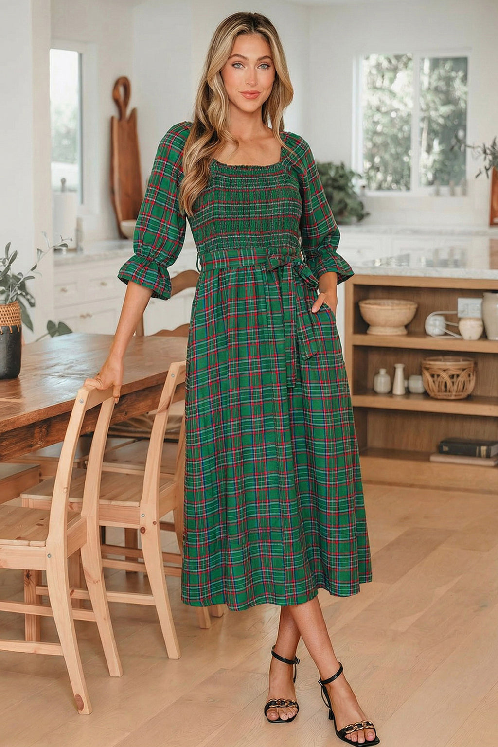 Tartan Plaid Square Neck Puff Sleeve Flared Midi Dress Bazaarre Mart Dresses/Maxi Dresses