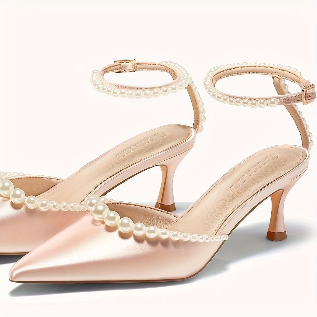 Pearl Embellished Pointed Toe Satin Pumps