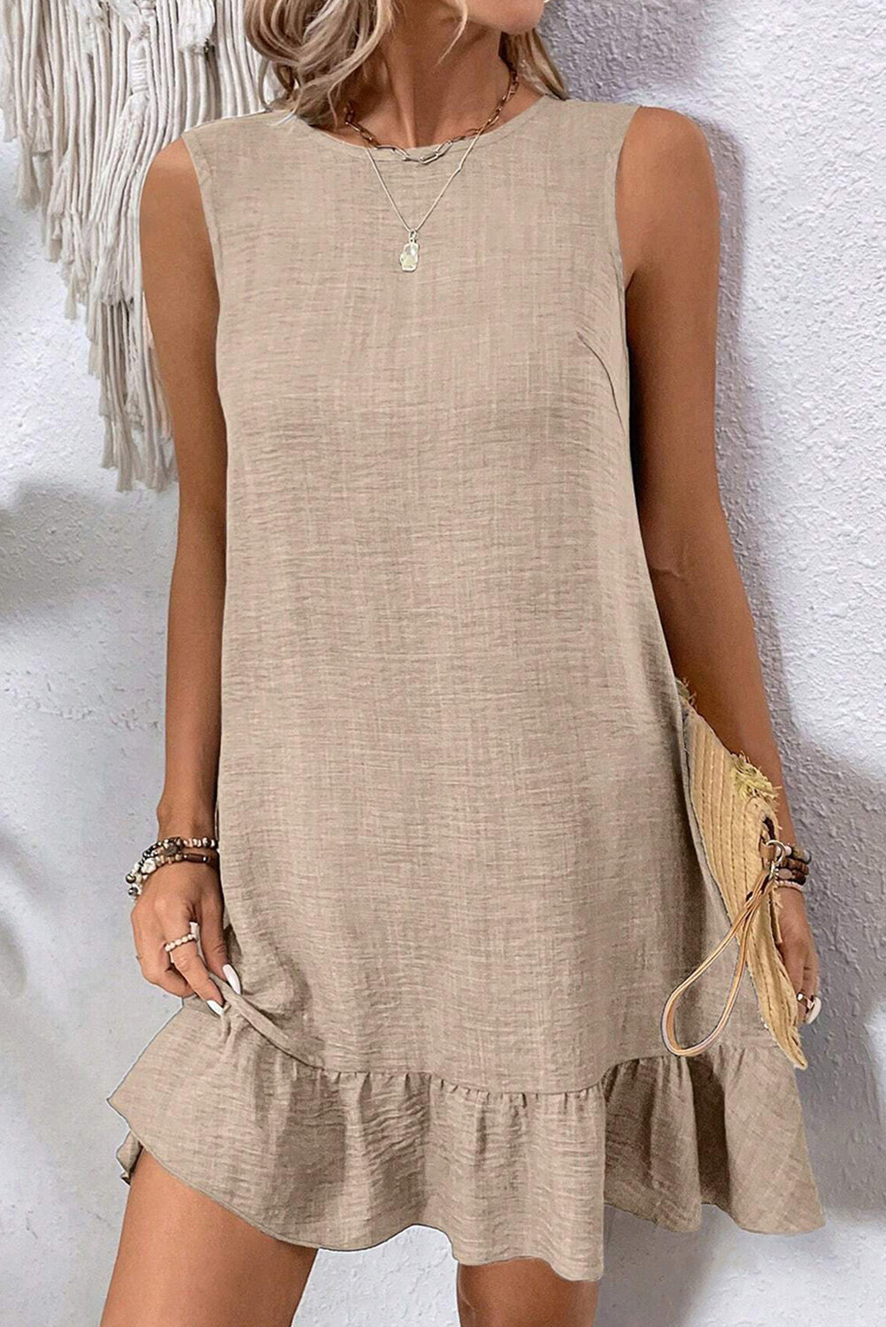 Beige Tie Back Ruffle Hem Sleeveless Dress