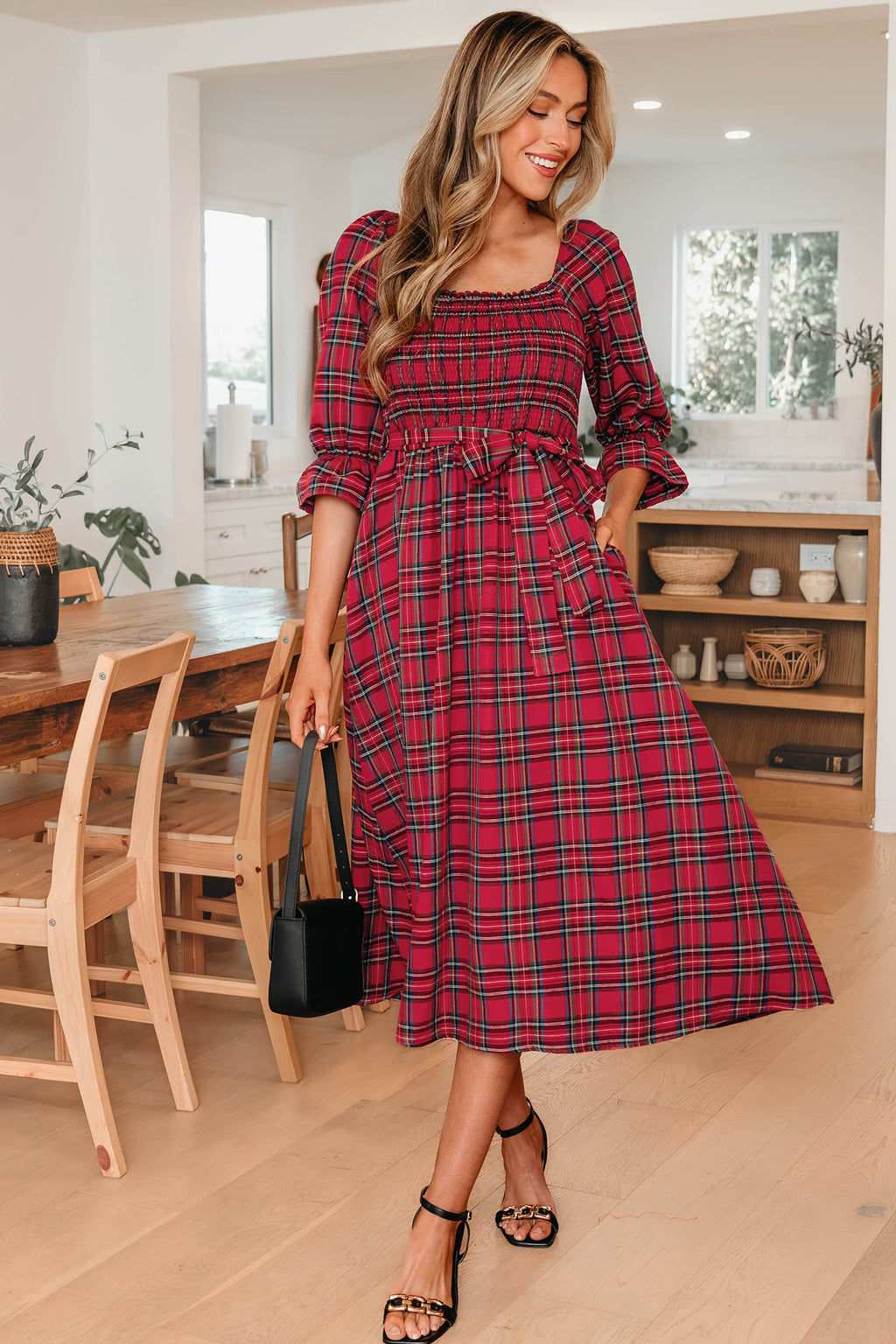 Tartan Plaid Square Neck Puff Sleeve Flared Midi Dress Bazaarre Mart Dresses/Maxi Dresses