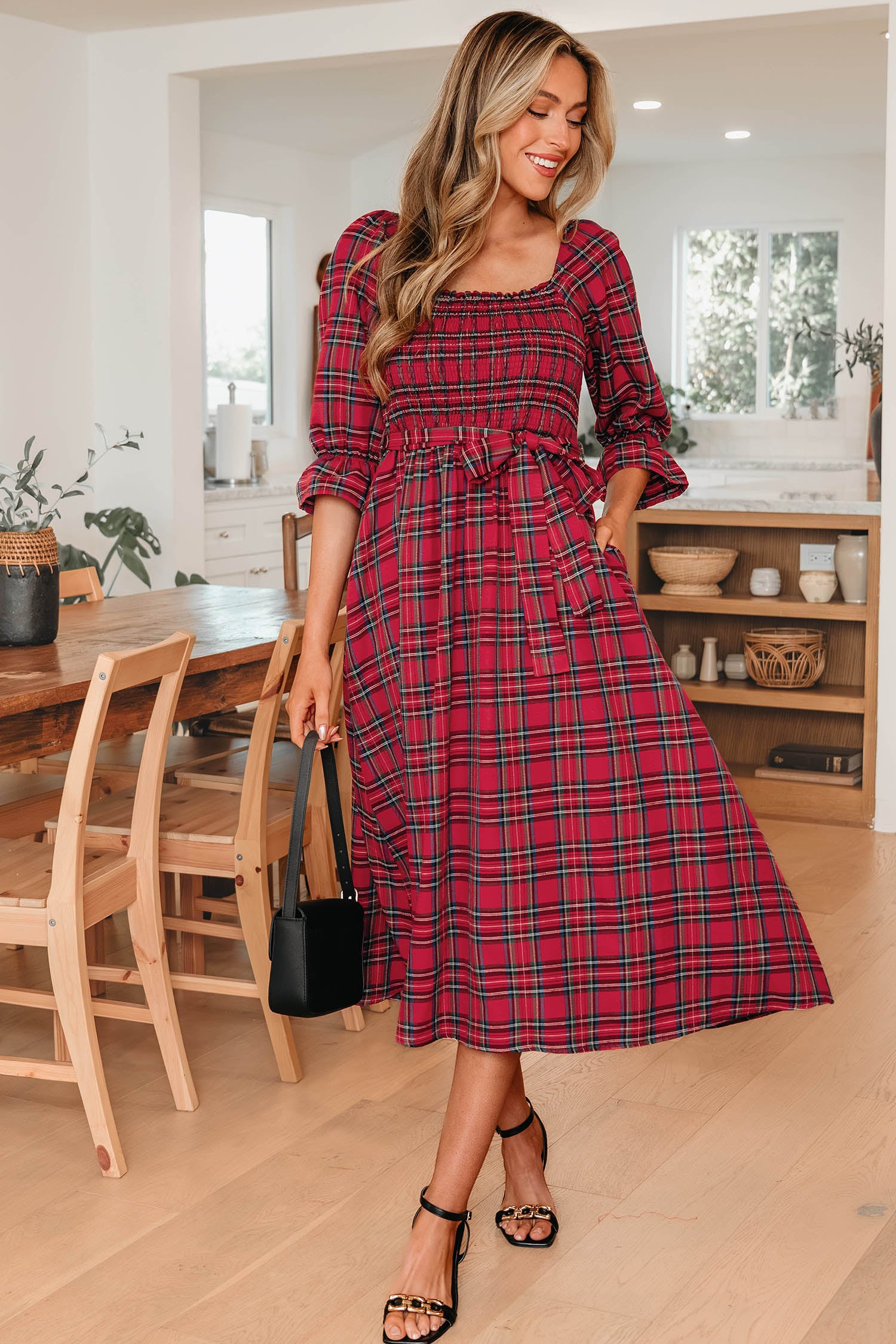 Tartan Plaid Square Neck Puff Sleeve Flared Midi Dress Bazaarre Mart Dresses/Maxi Dresses