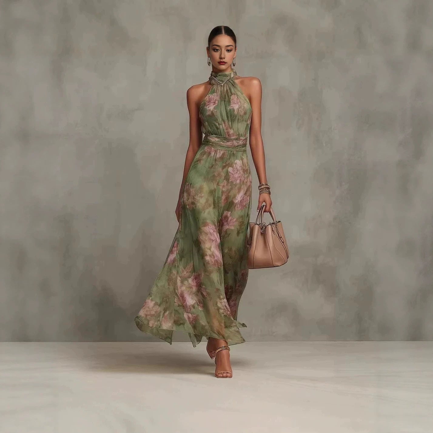 Neck-hanging Printed Chiffon Maxi Dress Yellow Green CJ Dropshipping Maxi Halter Dress