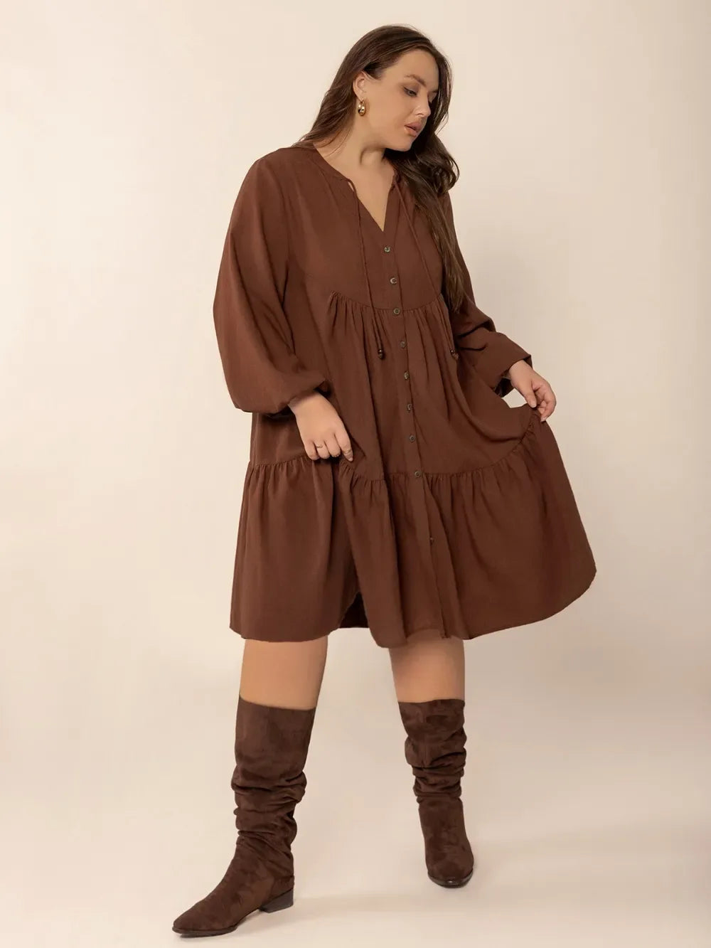Brown Long Balloon Sleeve Tiered Dress Bazarre Mart Brown Tiered Dress