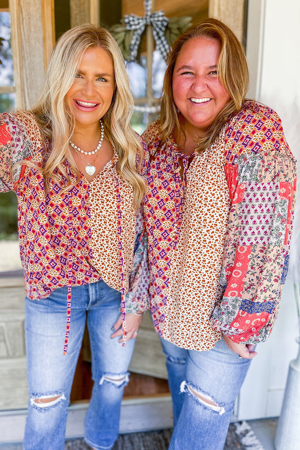 Long Sleeve Tied Neck Patchwork Blouse