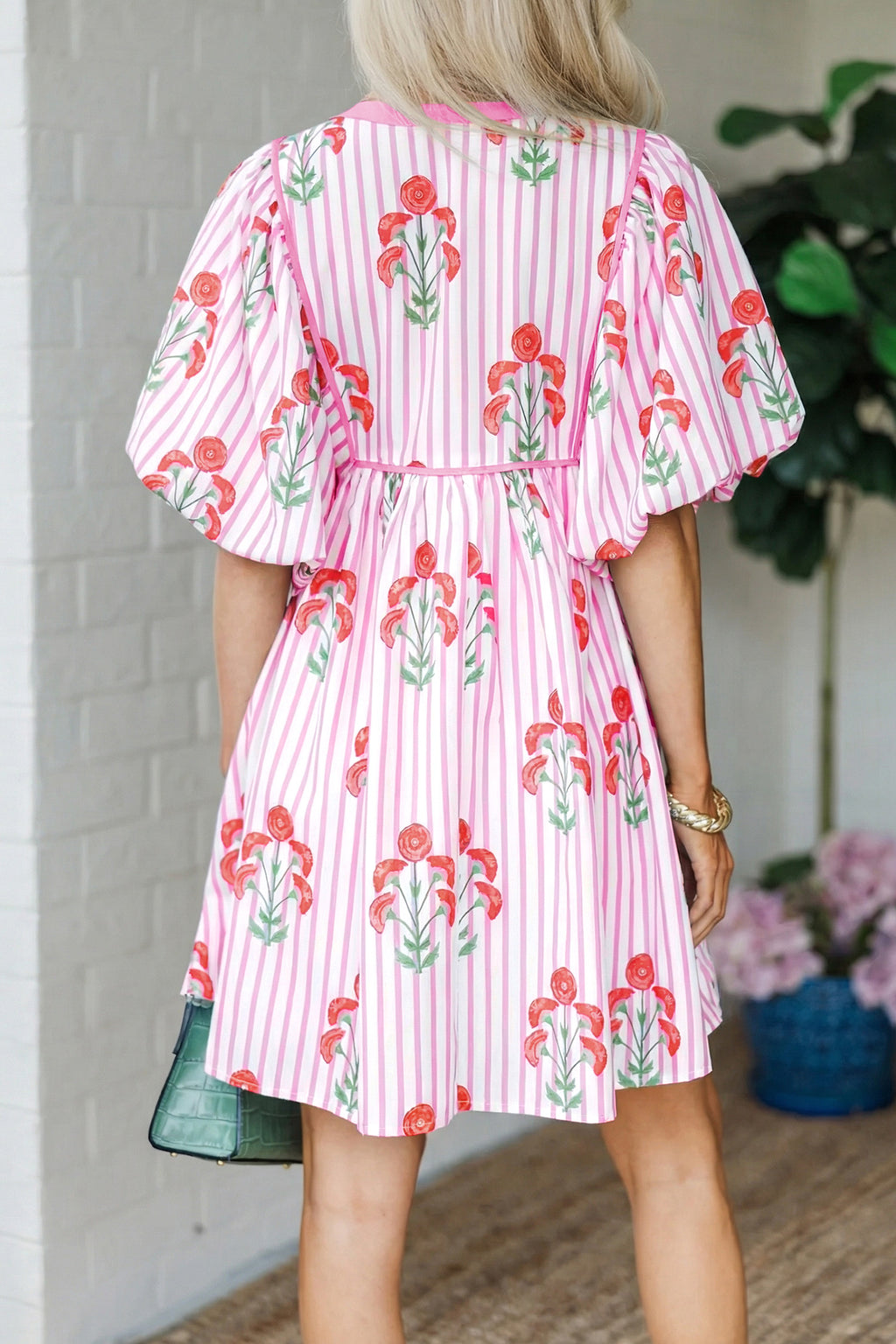 Pink Floral Striped Print Tie Notched Neck Puff Sleeve Flared Mini Dress Dear-Lover Dropshipping Dresses/Floral Dresses