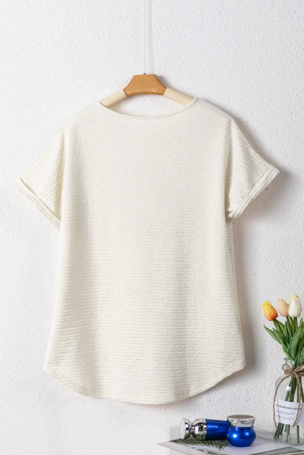 Pale Khaki Textured Wide Sleeve V Neck T Shirt Bazaare Mart Tops/Tops & Tees