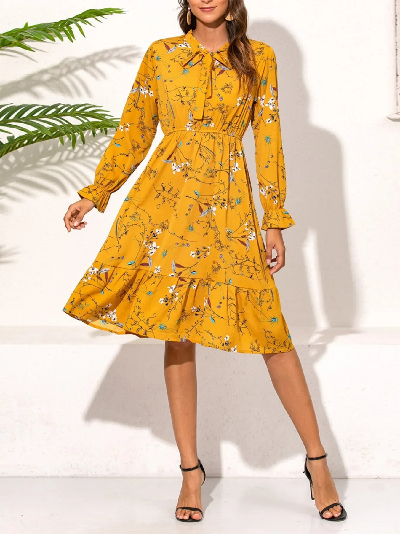 Ruffled Hem Floral Print Long Sleeve Dress Trendsi Long Sleeve Yellow Dress