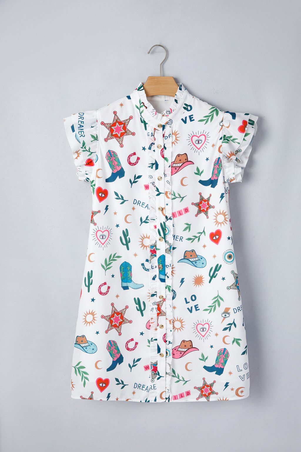 Western Print Flutter Sleeve Mini Dress – Button Down Boho Cowgirl Dress Dear-Lover Dropshipping Dresses/Mini Dresses