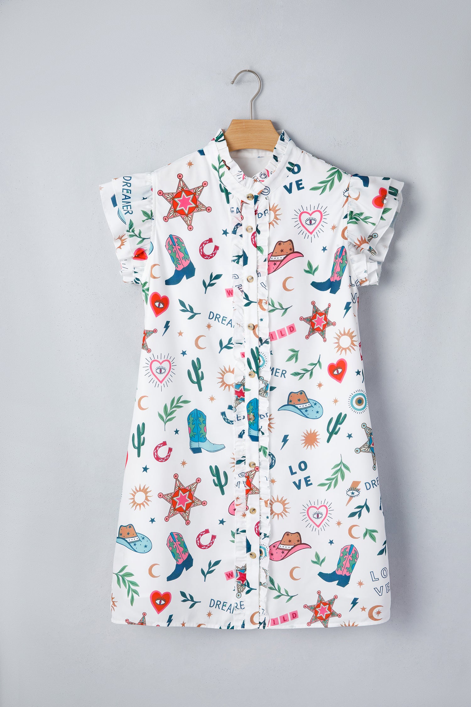 Western Print Flutter Sleeve Mini Dress – Button Down Boho Cowgirl Dress Dear-Lover Dropshipping Dresses/Mini Dresses