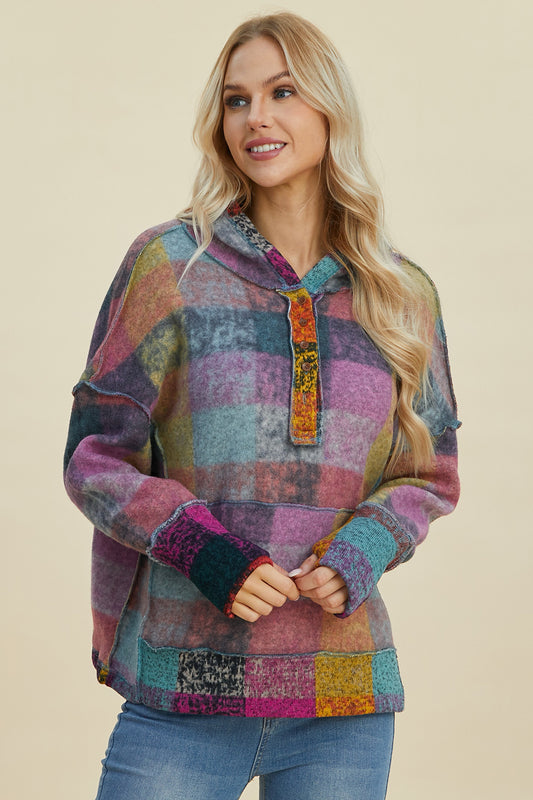 Purple Double Take Full Size Plaid Dropped Shoulder Hoodie