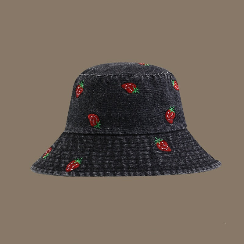 Strawberry Embroidered Denim Bucket Hat
