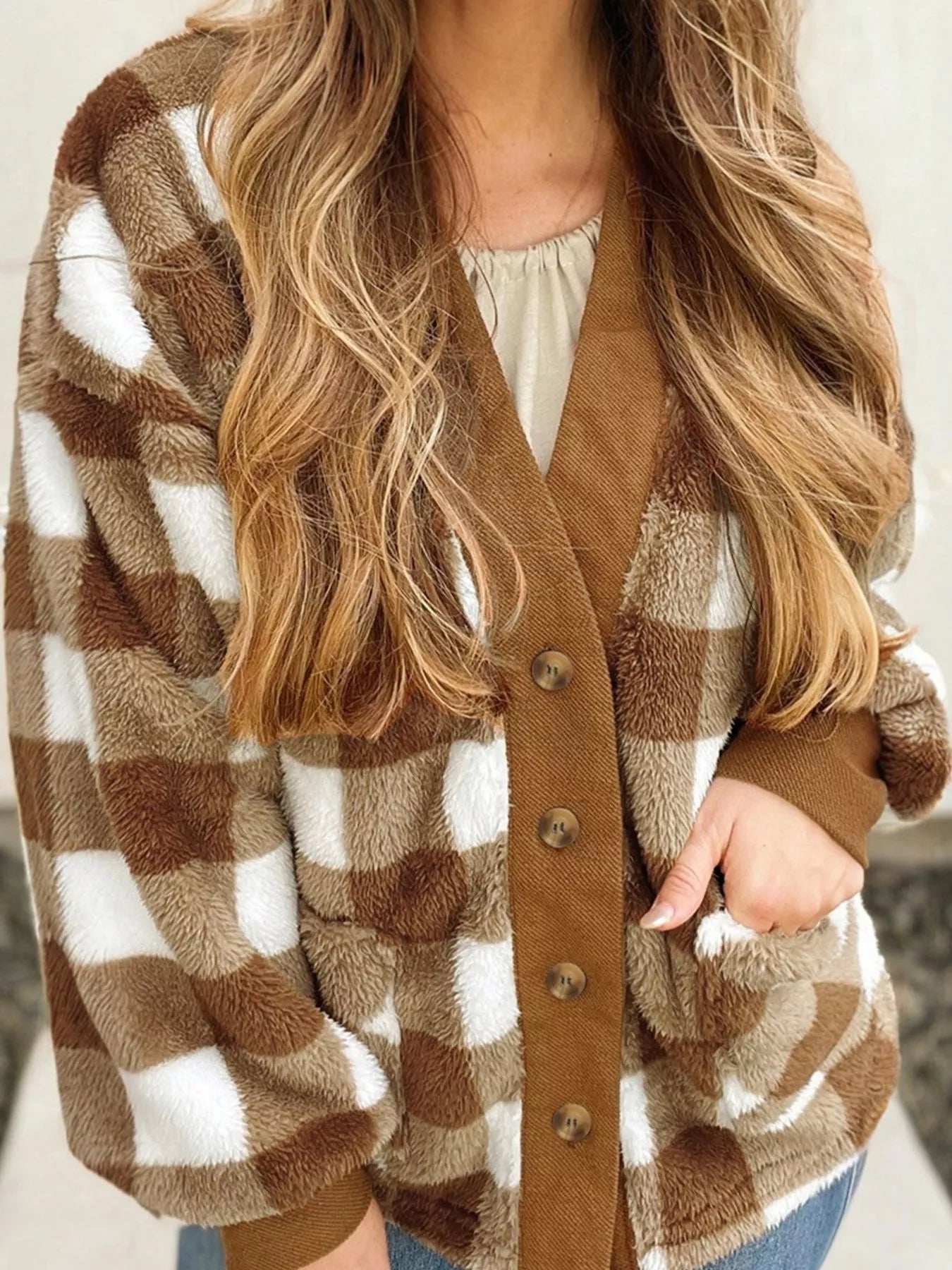 Brown Checkered Sherpa V-Neck Cardigan with Pockets Trendsi Brown Plaid Cardigan