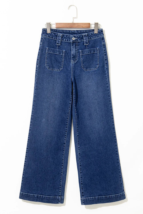 Blue Wide Leg Pocketed High Waist Jeans Sail Blue 71%Cotton+27.5%Polyester+1.5%Elastane Bazaare Mart Bottoms/Jeans