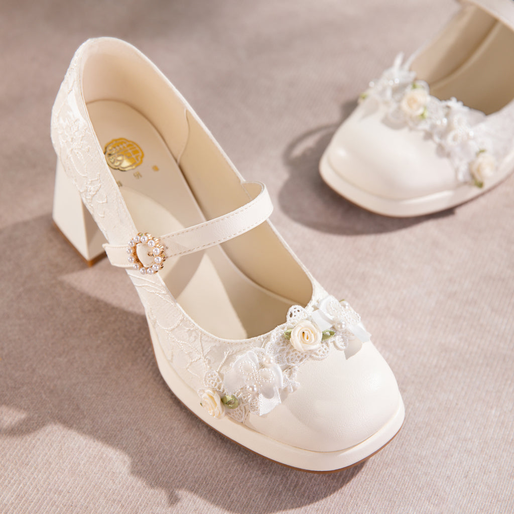 Lace Mary Jane Platform Heels – Pearl Bow Bridal Pumps | Retro Jacquard High Heels CJ Dropshipping Fancy Heeled Floral Mary Jane