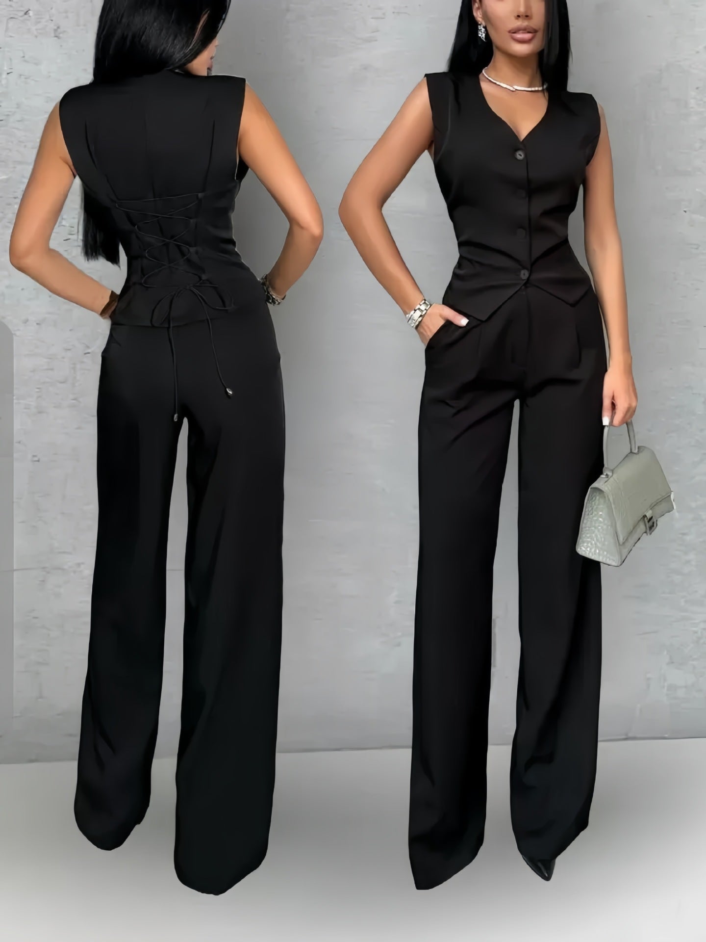 Women’s Vest & Wide Leg Pants Two-Piece Set – Elegant Commuter Matching Outfit Black CJ Dropshipping Vest and Pants Set