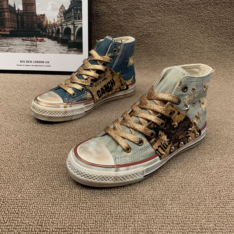Distressed Riveted Denim High Top Shoes
