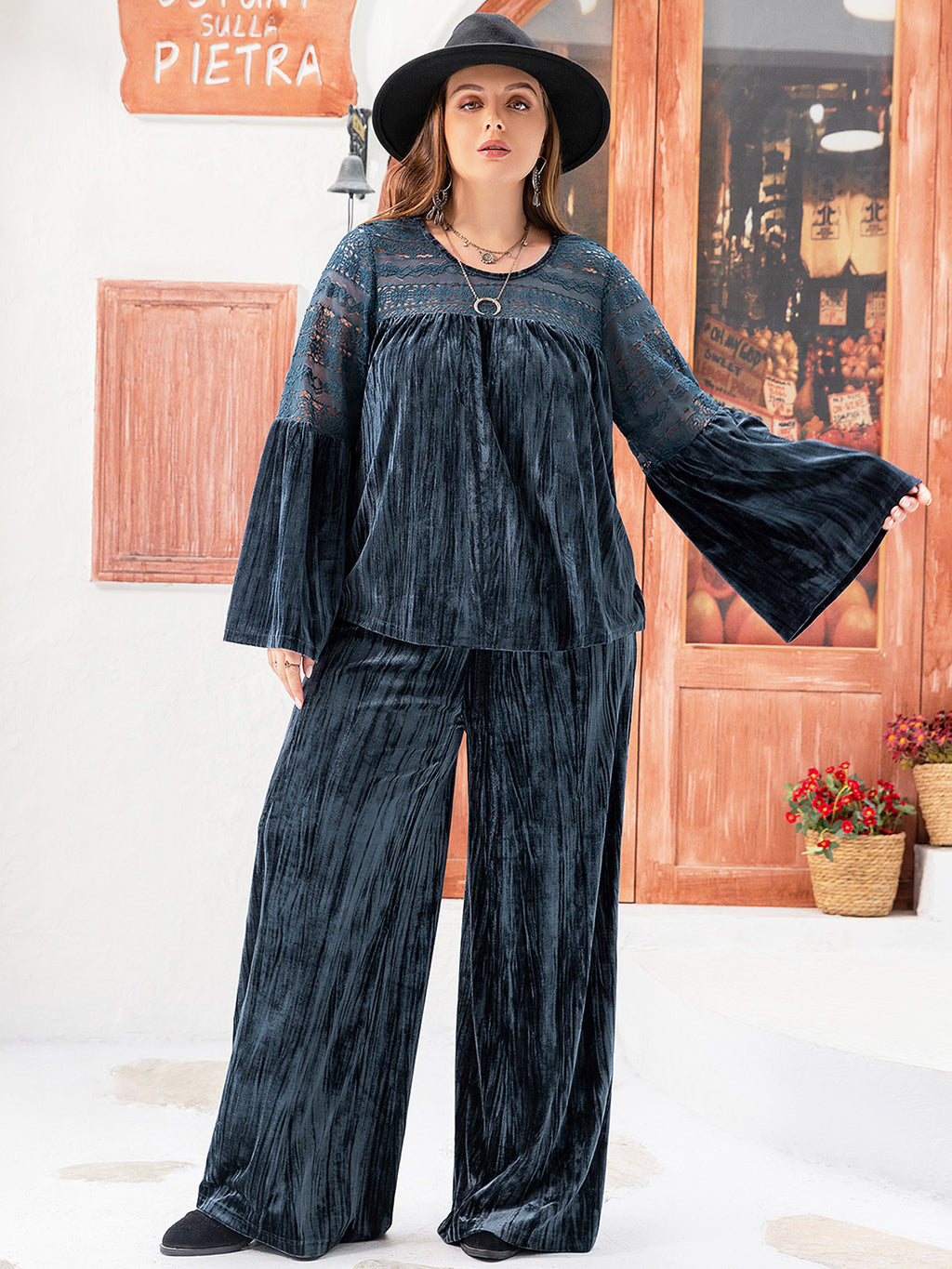 Slate Blue Velvet & Lace Flare Sleeve Pants Set