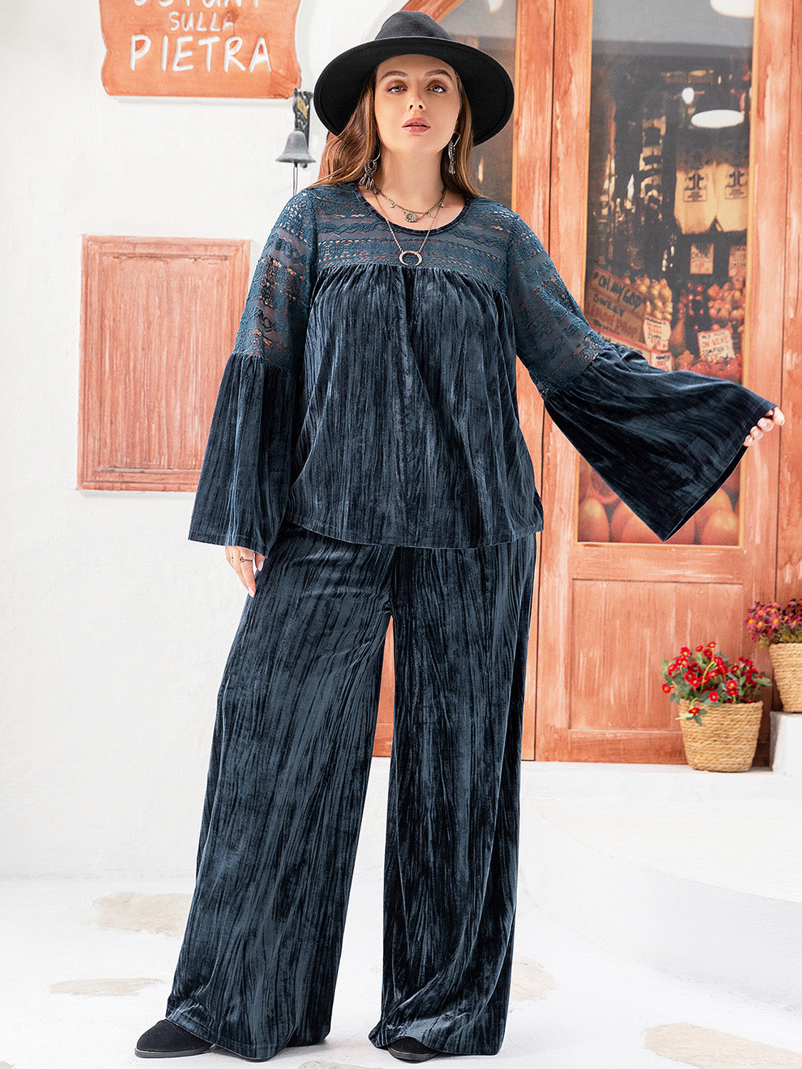 Slate Blue Velvet & Lace Flare Sleeve Pants Set