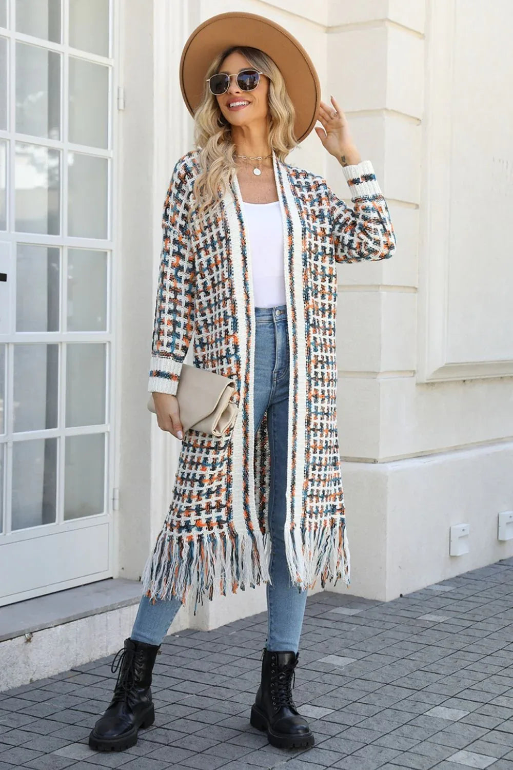Multicolor Open Front Fringe Hem Duster Cardigan Bazarre Mart Multicolored Open Front Fringe Long Sweater