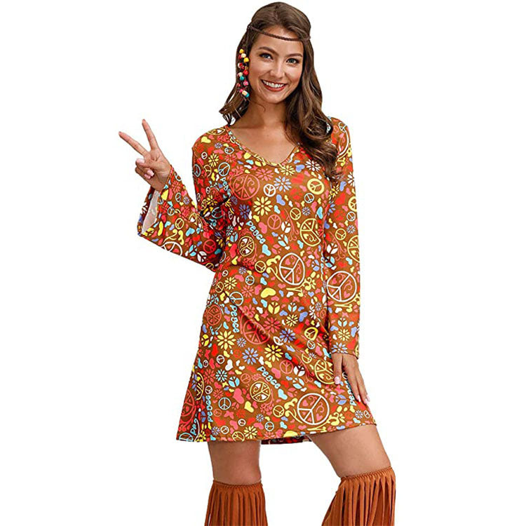 Retro ’70s Hippie Print A-Line Mini Dress Brown CJ Dropshipping Long Sleeve Hippie Dress