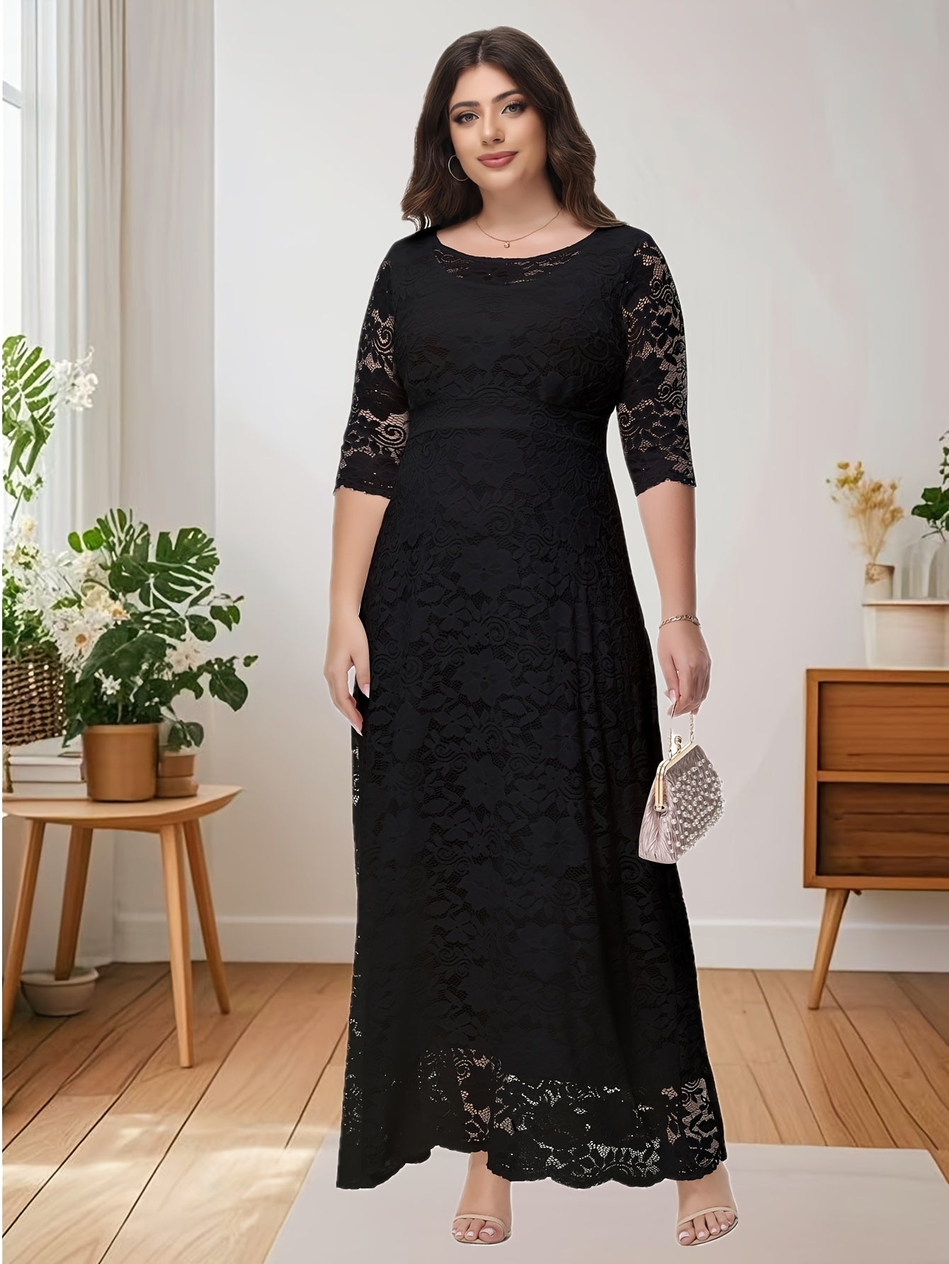 Plus Size O Neck Three Quarter Sleeve Lace Maxi Dress