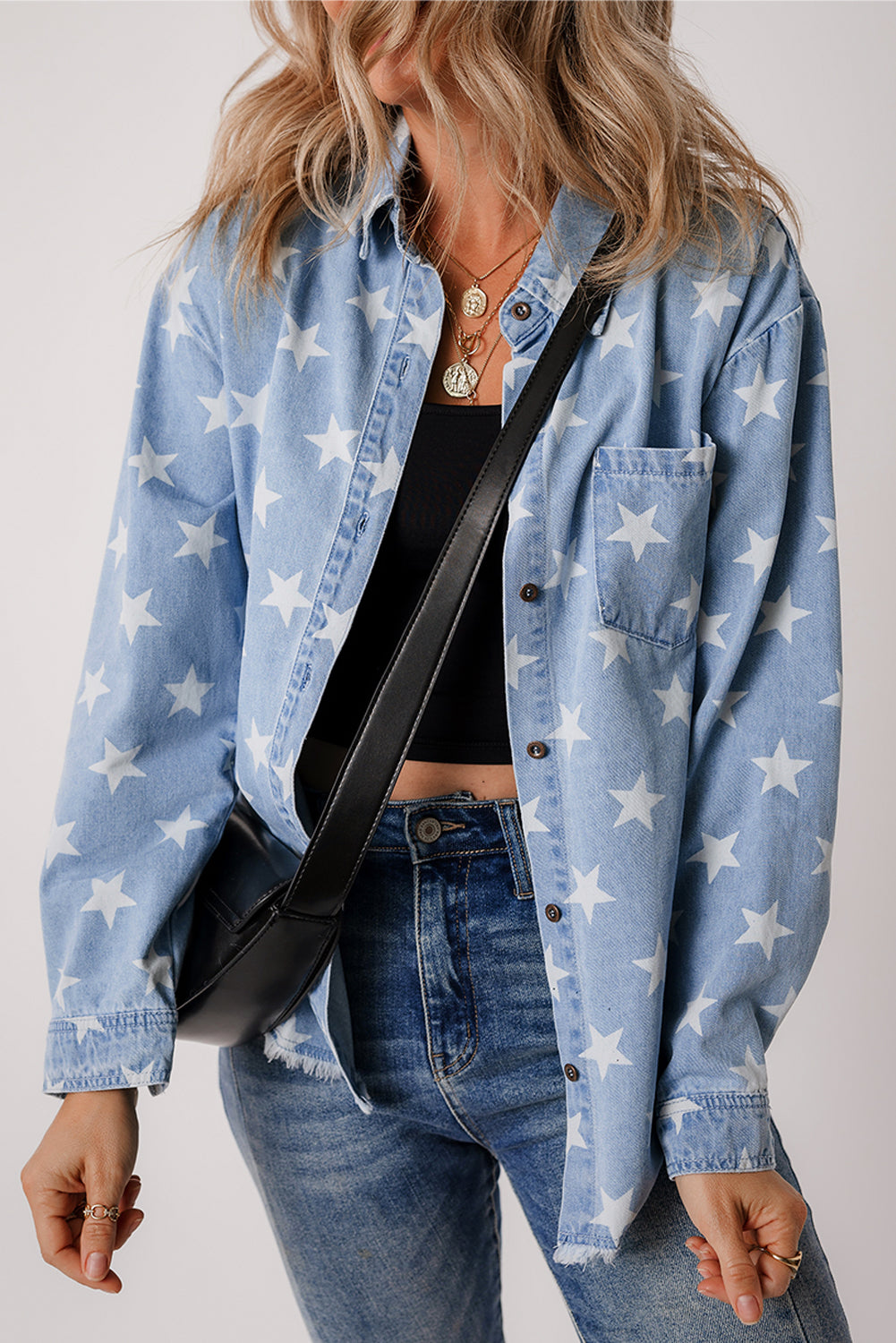 Blue Star Light Wash Raw Hem Denim Jacket
