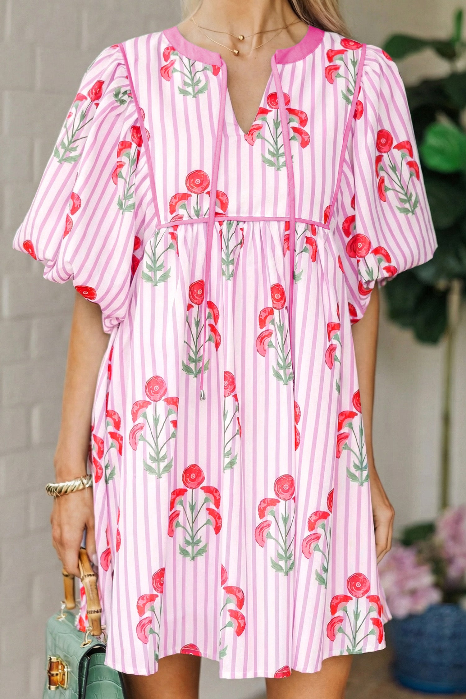 Pink Floral Striped Print Tie Notched Neck Puff Sleeve Flared Mini Dress Dear-Lover Dropshipping Dresses/Floral Dresses