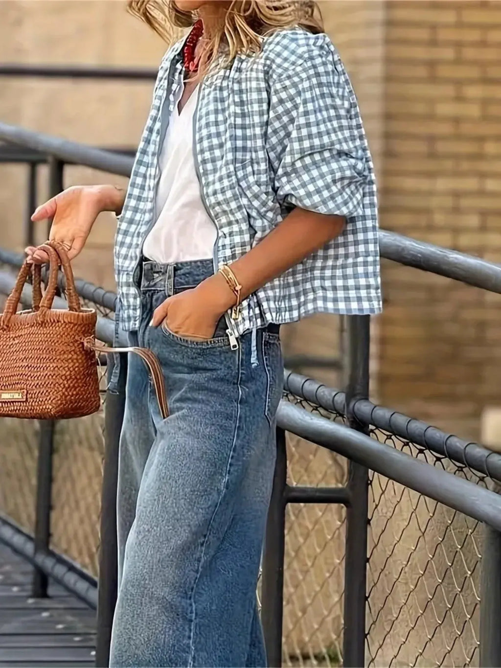 Plaid Zip Up Long Sleeve Jacket Trendsi Plaid Zip Up Long Sleeve Jacket