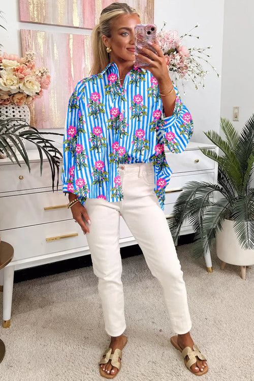 Blue Striped Floral Print Buttoned Cuffs Loose Fit Shirt Bazaare Mart Tops/Blouses & Shirts