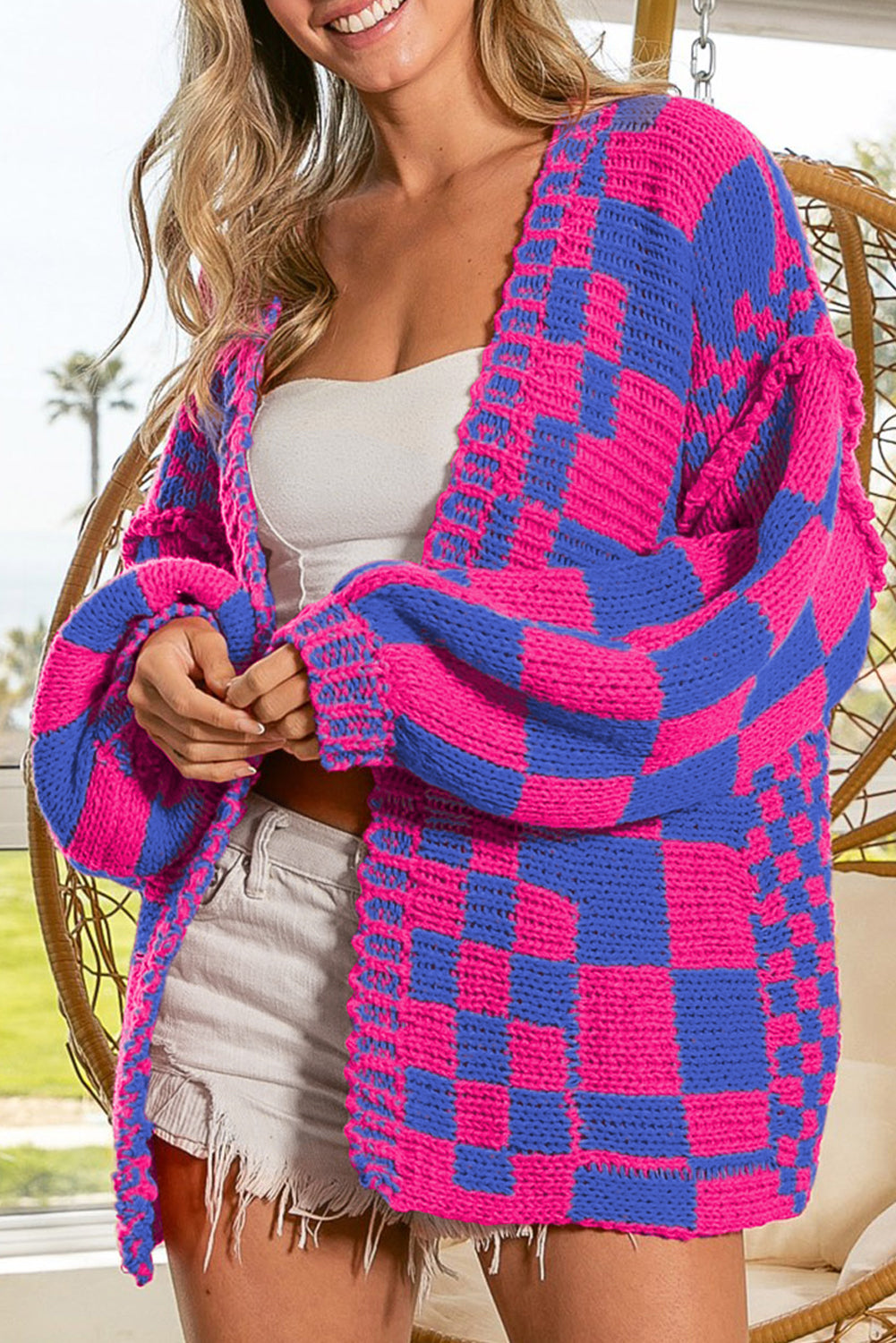 Magenta Colorblock Checked Open Front Knitted Cardigan